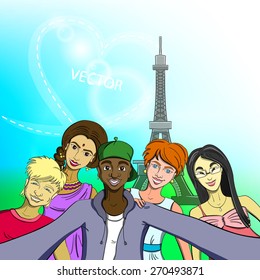 Hand drawn multiracial group of friends taking selfie. Vector illustration