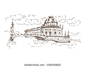 Hand drawn Museum Island in Berlin, German parliament. Berlin landmark, Germany. Vector illustration. Sketch.