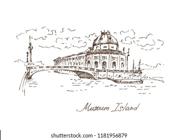 Hand drawn Museum Island in Berlin, German parliament. Berlin landmark, Germany. Vector illustration. Sketch.