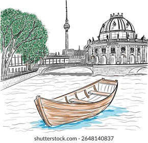 Hand drawn Museum Island in Berlin, German parliament. Berlin landmark, Germany. Vector illustration. Sketch.