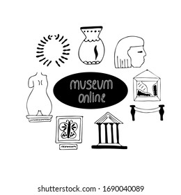 Handgezeichnetes Museum Online-Element in schwarzen Linien. Vektorillustration.