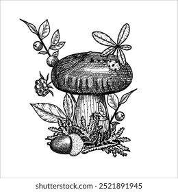 Handgezeichneter Pilz mit Eichel, Moos, Beeren. Vektorgrafik