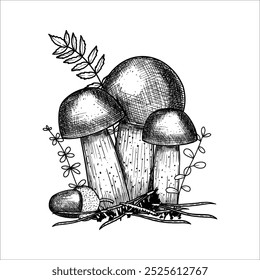 Hand drawn mushroom with acorn, moss. Vector illustration