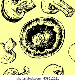 Hand Drawn Mushroom Champignon Pattern Background. Vector Illustration. Yellow colour