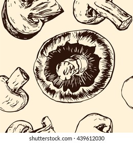 Hand Drawn Mushroom Champignon Pattern Background. Vector Illustration. Beige colour
