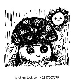 Hand drawn mushroom. Graphic character. Tattoo graphics.