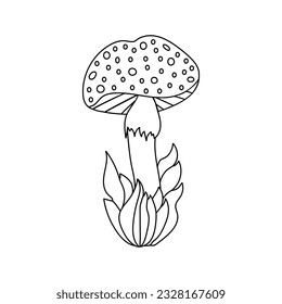 Hand drawn mushroom in grass, doodle cute fly agaric in cartoon style. Isolated on white background.