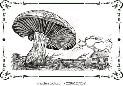 Hand drawn mushroom illustration, black and white, subtle shading style