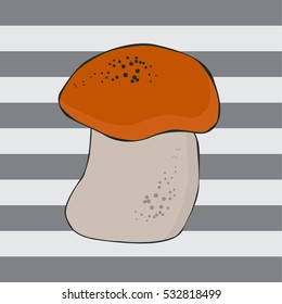 hand drawn mushroom on a striped background.  gray white stripes 