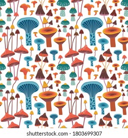 Hand drawn mushroom pattern on white. Multicolored forest mushrooms seamless background with indigo milk cap, verdigris agaric, saffron milk cap. Textile prints, wrapping paper and fabric design.