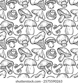 Hand drawn mushroom pattern. Seamless contour vector print with mushrooms for textile, fabric, paper, pillow.