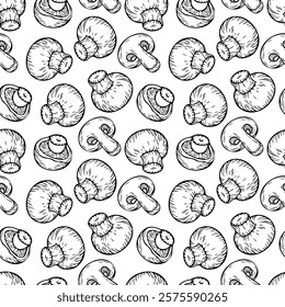 Hand drawn mushroom pattern. Seamless contour vector print with mushrooms for textile, fabric, paper, pillow.