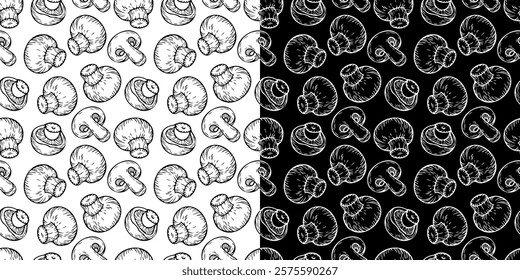 Hand drawn mushroom pattern. Seamless contour vector print with mushrooms for textile, fabric, paper, pillow.