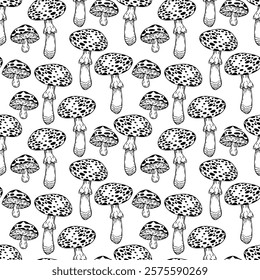 Hand drawn mushroom pattern. Seamless contour vector print with mushrooms for textile, fabric, paper, pillow.