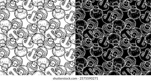 Hand drawn mushroom pattern. Seamless contour vector print with mushrooms for textile, fabric, paper, pillow.