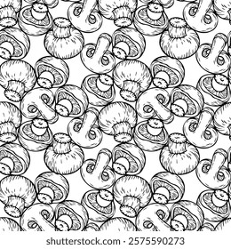 Hand drawn mushroom pattern. Seamless contour vector print with mushrooms for textile, fabric, paper, pillow.