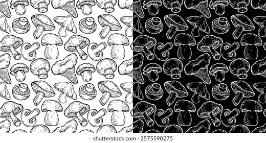 Hand drawn mushroom pattern. Seamless contour vector print with mushrooms for textile, fabric, paper, pillow.