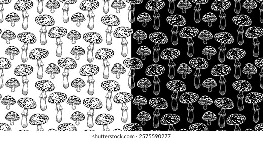 Hand drawn mushroom pattern. Seamless contour vector print with mushrooms for textile, fabric, paper, pillow.