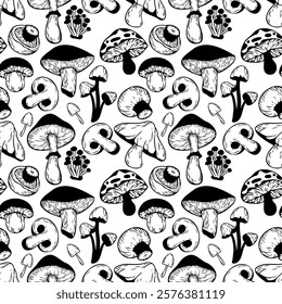 Hand drawn mushroom pattern. Seamless contour vector print with mushrooms for textile, fabric, paper, pillow.	