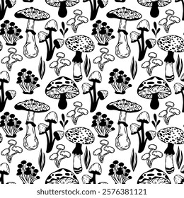 Hand drawn mushroom pattern. Seamless contour vector print with mushrooms for textile, fabric, paper, pillow.	