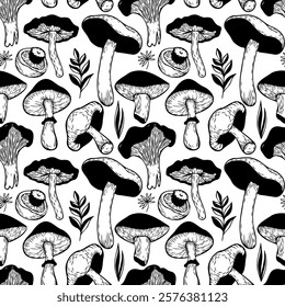 Hand drawn mushroom pattern. Seamless contour vector print with mushrooms for textile, fabric, paper, pillow.	