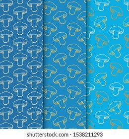 hand drawn mushroom pattern set on blue background