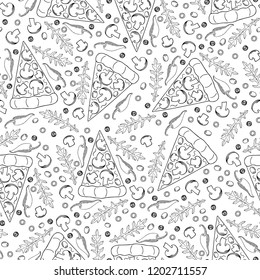 Hand drawn mushroom pizza seamless pattern. Black and white vector illustration.