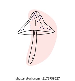 Hand drawn mushroom with purple dots doodle style, vector illustration isolated on white background. Black outline nature product, decorative design element