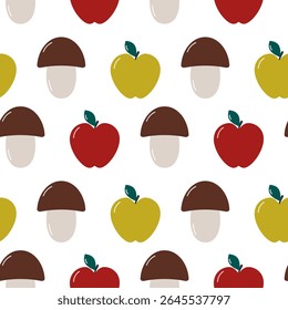Hand Drawn Mushroom Red and Green apple with leaf Seamless Pattern Harvest Thematic Background idea