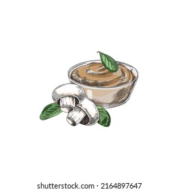 Hand drawn mushroom sauce in glass bowl, sketch vector illustration isolated on white background. Fresh champignons and basil leaves. Colored mushroom dip with engraving.