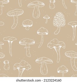 Hand drawn mushroom seamless pattern, wood background, great for textiles, banners, wallpapers, wrapping - vector design