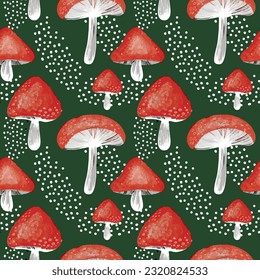 Hand drawn mushroom seamless pattern. Background plant.
