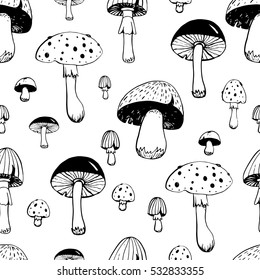 Hand drawn mushroom seamless pattern for wallpaper and wrapping. Vegetarian natural food pattern. Vector illustration. 