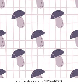 Hand drawn mushroom silhouettes seamless pattern. Purple tones food shapes on white chequered background. Decorative backdrop for wallpaper, textile, wrapping paper, fabric print. Vector illustration.