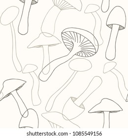 Hand drawn mushroom vector seamless pattern.