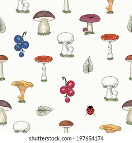 Hand drawn mushrooms and berries seamless pattern. Vintage engraving style. Colorful illustration.