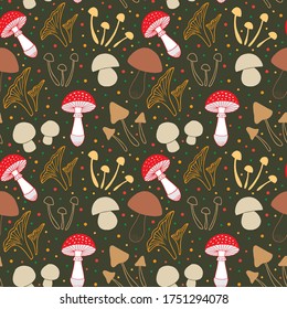 Hand drawn mushrooms collection seamless pattern. Vector illustration.