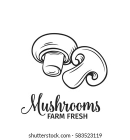 Hand drawn mushrooms icon. Vector badge vegetable in the old ink style for brochures, banner, restaurant menu and market