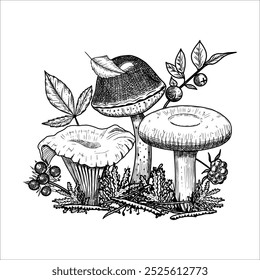 Hand drawn mushrooms with  moss, leaves, berries. Vector illustration