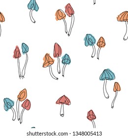 Hand drawn mushrooms on a white background. Black lines with color spots.Can be use as textille desighn or some children stuff.