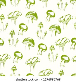 Hand drawn mushrooms seamless pattern.  Vector illustration.