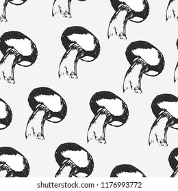 Hand drawn mushrooms seamless pattern.  Vector illustration.