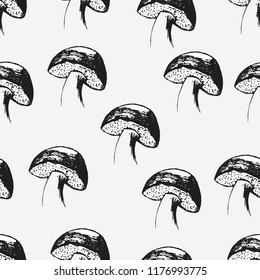Hand drawn mushrooms seamless pattern.  Vector illustration.