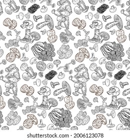 Hand drawn Mushrooms seamless pattern. Vintage design template, banner. Vector.