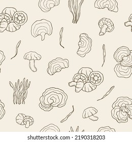 Hand drawn mushrooms seamless pattern  Shiitake  turkey tail  cordyceps  reishi