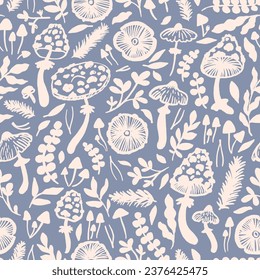 Hand drawn mushrooms seamless vector pattern. Mushroom caps, berries, fir branches, fir needles leaves for printing, fabric, textile, manufacturing, wallpapers.