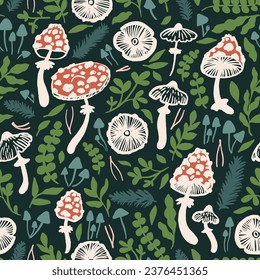 Hand drawn mushrooms seamless vector pattern. Mushroom caps, berries, fir branches, fir needles leaves for printing, fabric, textile, manufacturing, wallpapers.