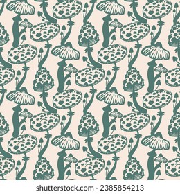 Hand drawn mushrooms seamless vector pattern. Mushroom, caps, berries, fir branches, fir needles leaves for printing, fabric, textile, manufacturing, wallpapers. Vector endless illustration.