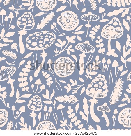 Hand drawn mushrooms seamless vector pattern. Mushroom caps, berries, fir branches, fir needles leaves for printing, fabric, textile, manufacturing, wallpapers.