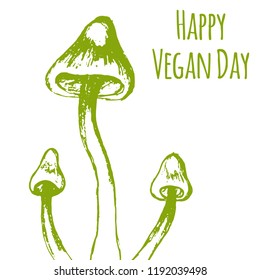 Handgezeichnete Pilze. Vektorgrafik. Vektorpilz. Alles Gute zum Vegan Day. Veganes Produktetikett. Veganer Tag der Welt. Typografie. Grünes Wohnen.